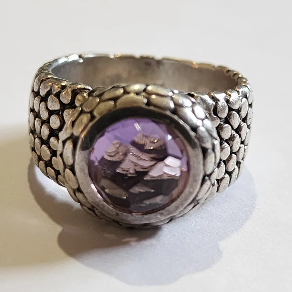 Sterling Silver Heavy Chunky Women's Ring Sz 11 Purple Gemstone Men's Snake Skin
